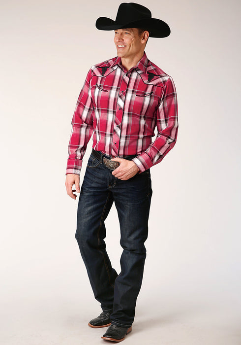 Roper Mens Red/White Cotton Blend Longhorn Plaid L/S Shirt