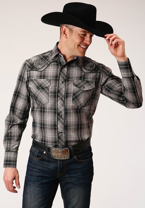 Roper Mens Black/Grey Cotton Blend Plaid L/S Wagon Wheel Shirt