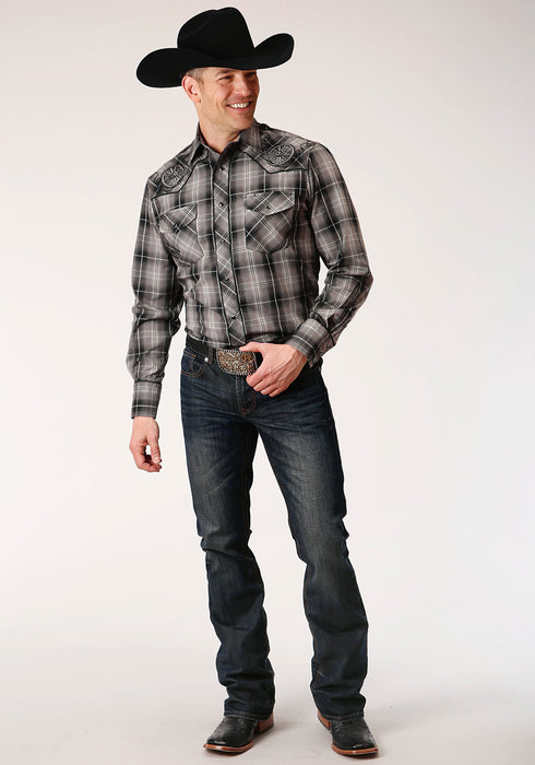 Roper Mens Black/Grey Cotton Blend Plaid L/S Wagon Wheel Shirt