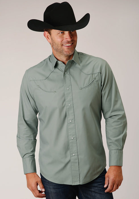 Roper Mens Dusty Green Cotton Blend Longhorn L/S Barbwire Shirt