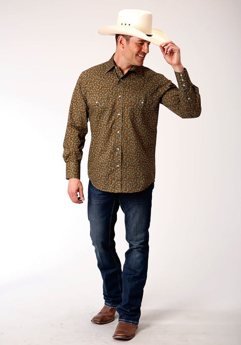 Roper Mens Brown/Turquoise Cotton Blend Mini Floral L/S Shirt