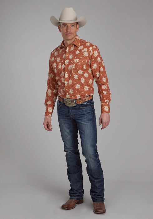 Roper Mens Floral Orange/Cream Cotton Blend L/S Shirt