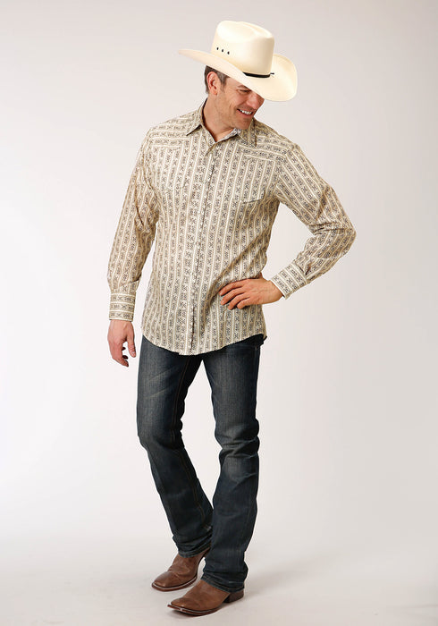 Roper Mens Cream/Brown Cotton Blend Wallpaper L/S Shirt