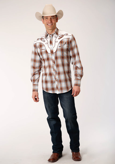 Roper Mens Butterscotch Cotton Blend Plaid L/S Fancy Shirt