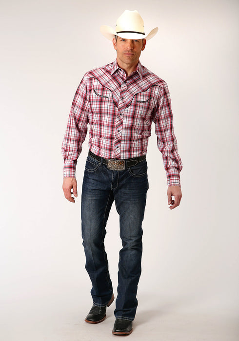 Roper Mens Red Cotton Blend Plaid L/S Leafs Shirt