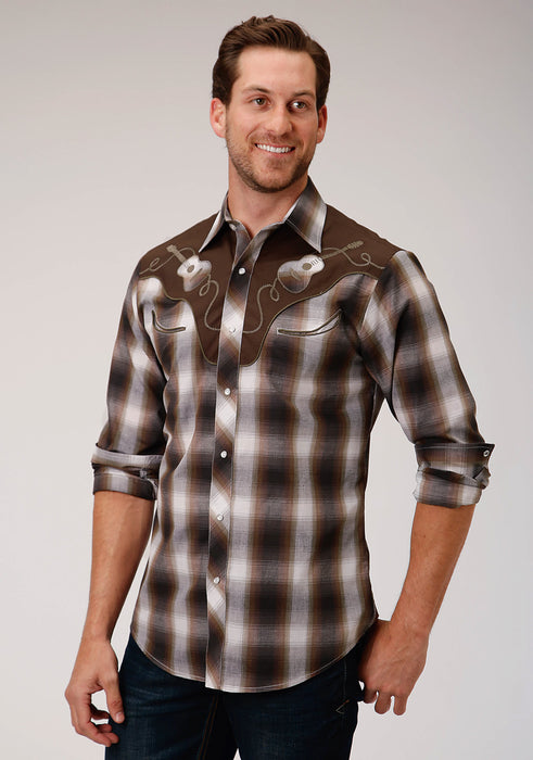 Roper Mens Black/Brown Cotton Blend Plaid L/S Guitars Shirt