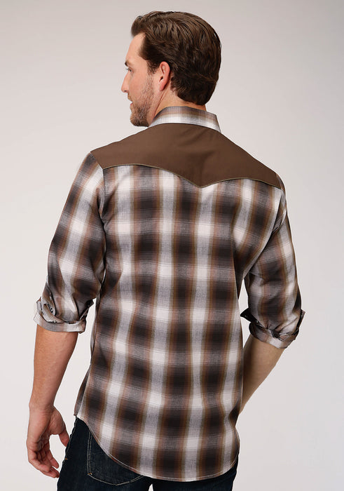 Roper Mens Black/Brown Cotton Blend Plaid L/S Guitars Shirt