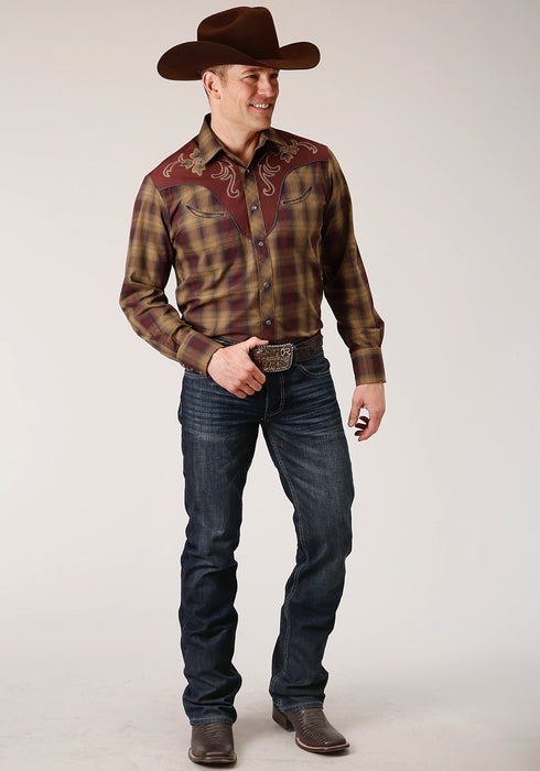 Roper Mens Caramel/Grey Cotton Blend Plaid L/S Shirt