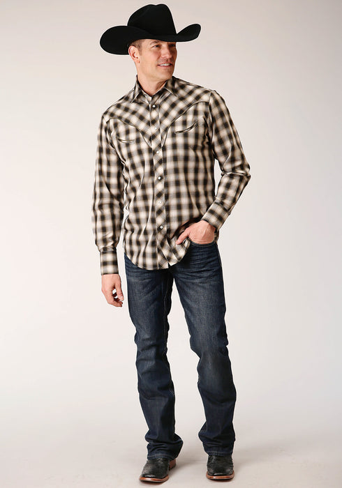 Roper Mens Black/Olive Cotton Blend Plaid L/S Shirt