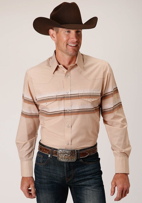 Roper Mens Tan/Brown Cotton Blend Border Stripe L/S Shirt