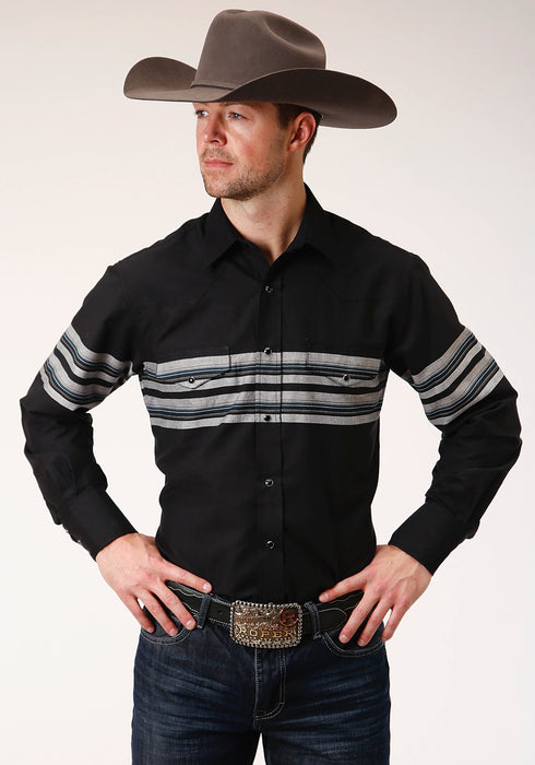 Roper Mens Black/Grey Cotton Blend Border Stripe L/S Shirt