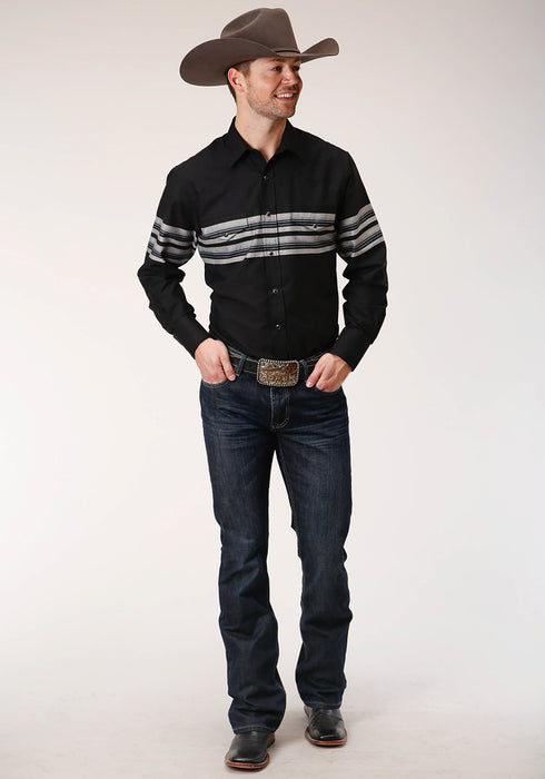 Roper Mens Black/Grey Cotton Blend Border Stripe L/S Shirt