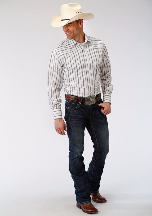 Roper Mens Brown/Grey Cotton Blend Wide Stripe L/S Shirt