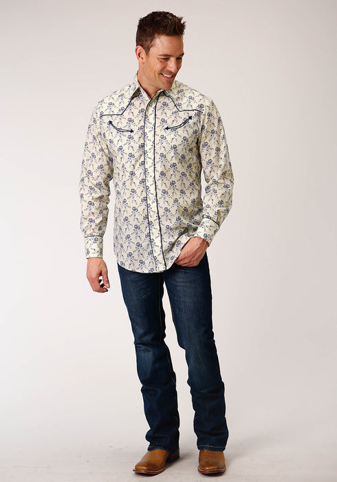 Roper Mens Cream/Navy Cotton Blend Vintage L/S Shirt