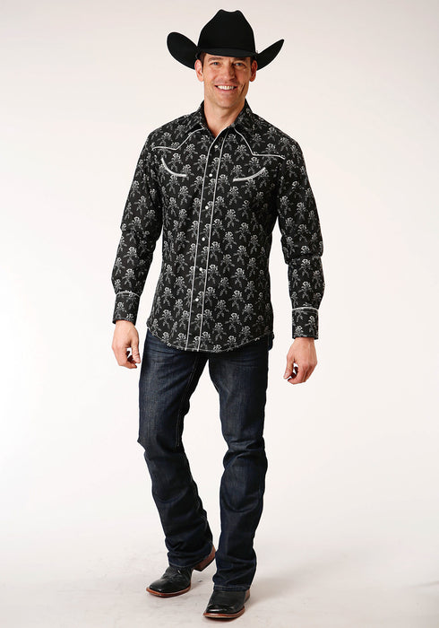 Roper Mens Black/Cream Cotton Blend Floral L/S Shirt