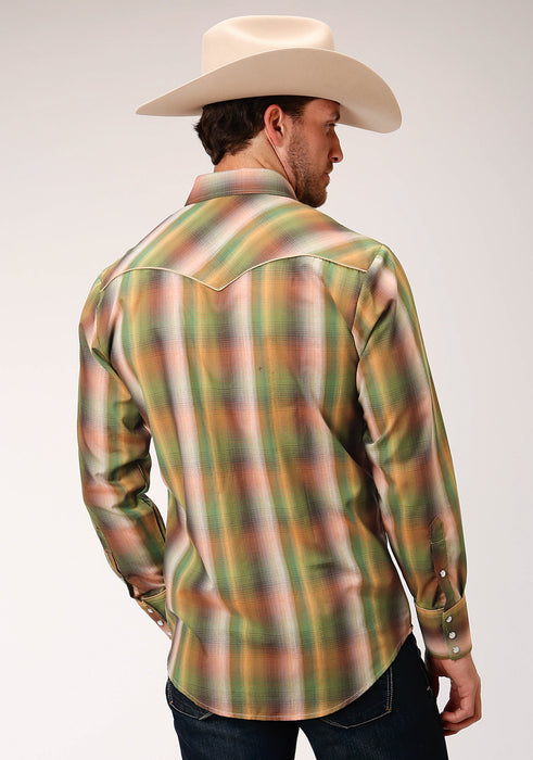 Roper Mens Green Cotton Blend Ombre Plaid L/S Shirt