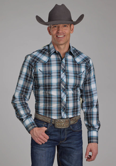 Roper Mens 2111 Plaid Navy/Teal Cotton Blend L/S Shirt