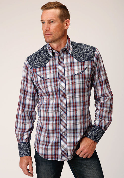 Roper Mens Wine/Navy Cotton Blend Floral Print L/S Shirt