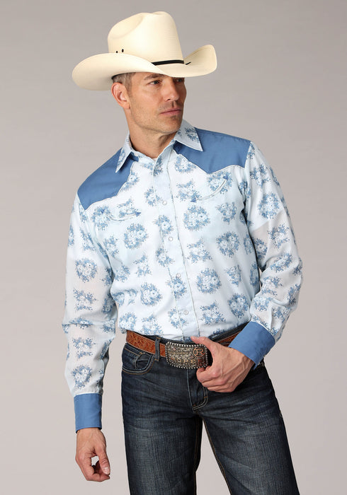 Roper Mens Multi Floral Print Blue Cotton Blend L/S Shirt