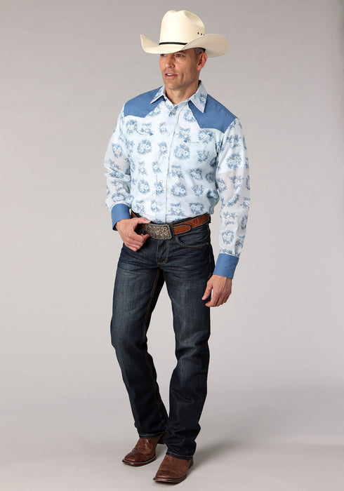 Roper Mens Multi Floral Print Blue Cotton Blend L/S Shirt