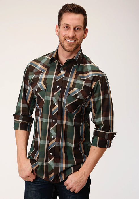 Roper Mens Olive/Brown Cotton Blend Plaid L/S 55/45 Shirt