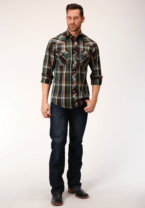 Roper Mens Olive/Brown Cotton Blend Plaid L/S 55/45 Shirt