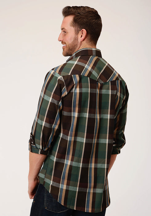 Roper Mens Olive/Brown Cotton Blend Plaid L/S 55/45 Shirt