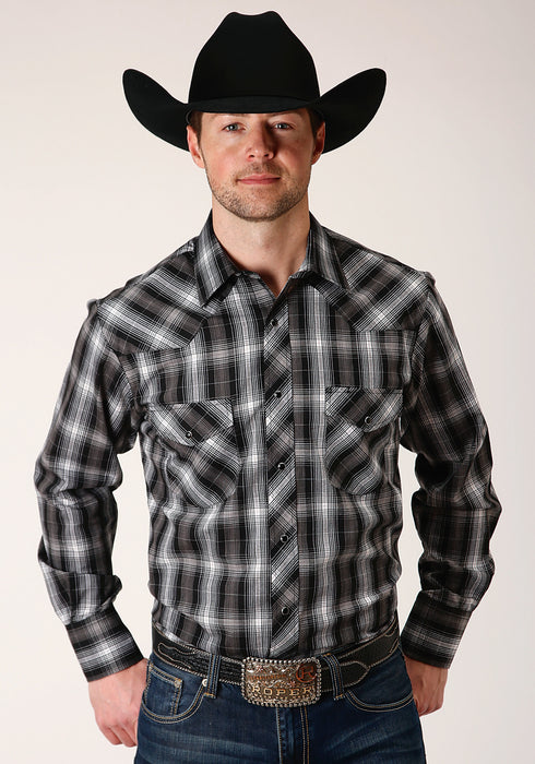 Roper Mens Black/White Cotton Blend Plaid L/S 55/45 Shirt