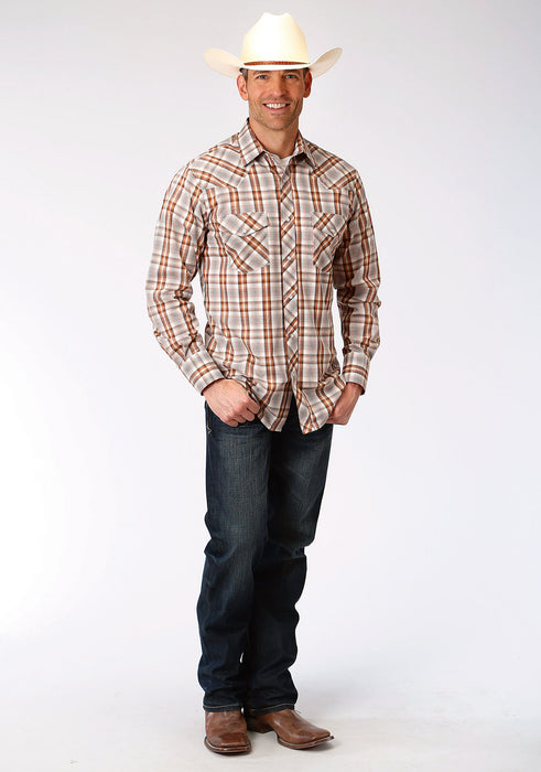 Roper Mens Brown/Rust Cotton Blend Plaid L/S Shirt