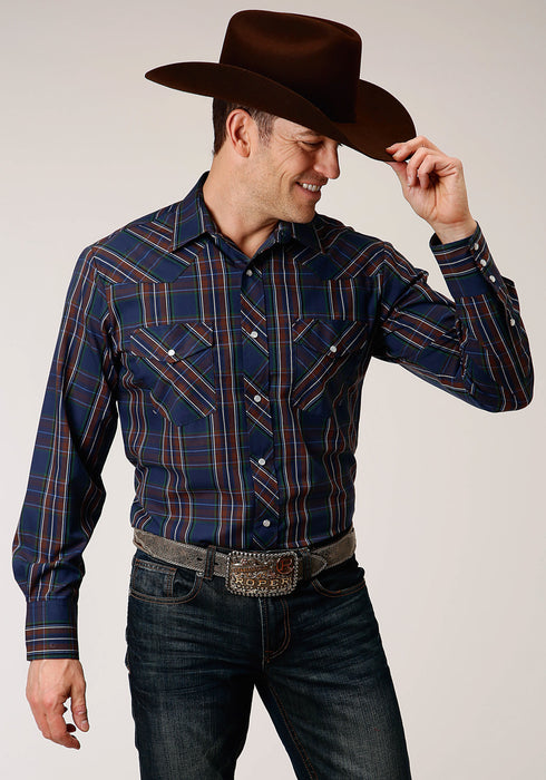 Roper Mens Navy/Brown Cotton Blend Plaid L/S 55/45 Shirt