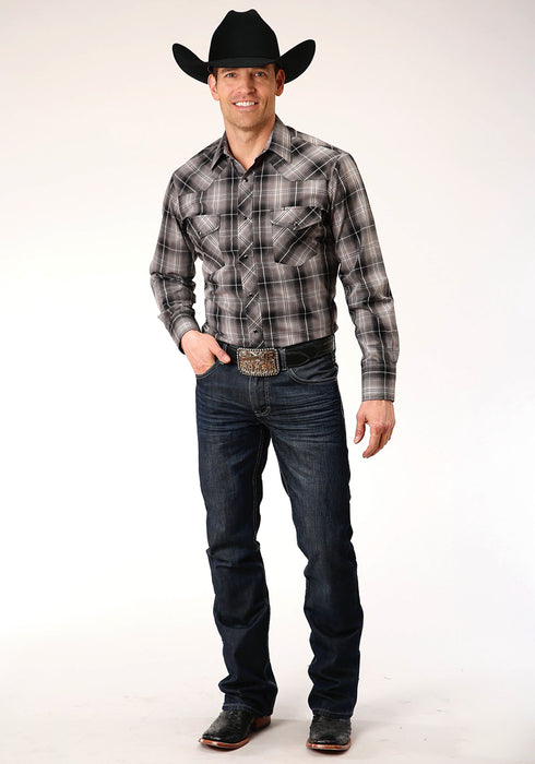 Roper Mens Black/Grey Cotton Blend Plaid L/S 55/45 Shirt