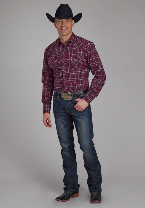 Roper Mens 2104 Plaid Wine/White Cotton Blend L/S Shirt