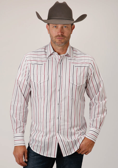 Roper Mens 80/20 Stripes White/Grey 80% Polyester/20% Cotton L/S Shirt