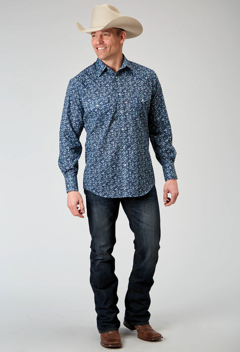 Roper Mens Ditsy Floral Tall Blue Cotton Blend L/S Shirt