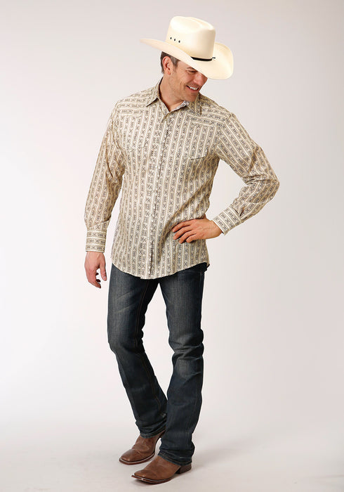 Roper Mens Cream/Brown Cotton Blend Wallpaper L/S Tall Shirt