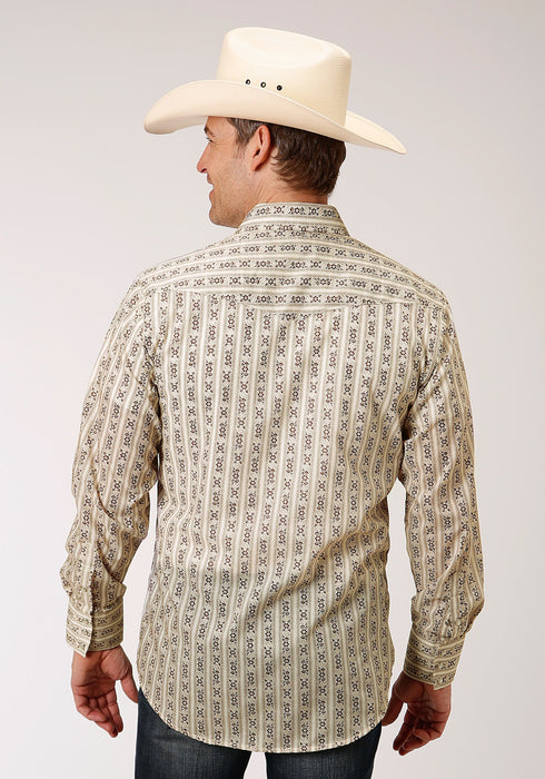 Roper Mens Cream/Brown Cotton Blend Wallpaper L/S Tall Shirt