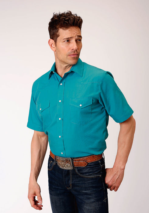 Roper Mens Teal Cotton Blend 55/45 Solid S/S Shirt