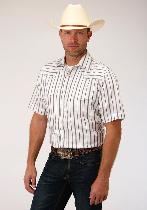 Roper Mens Brown/Grey Cotton Blend Wide Stripe S/S Shirt