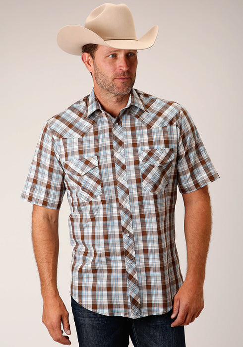 Roper Mens Brown/Blue Cotton Blend Plaid S/S Shirt