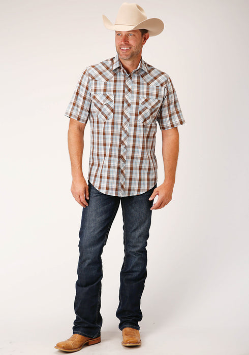 Roper Mens Brown/Blue Cotton Blend Plaid S/S Shirt