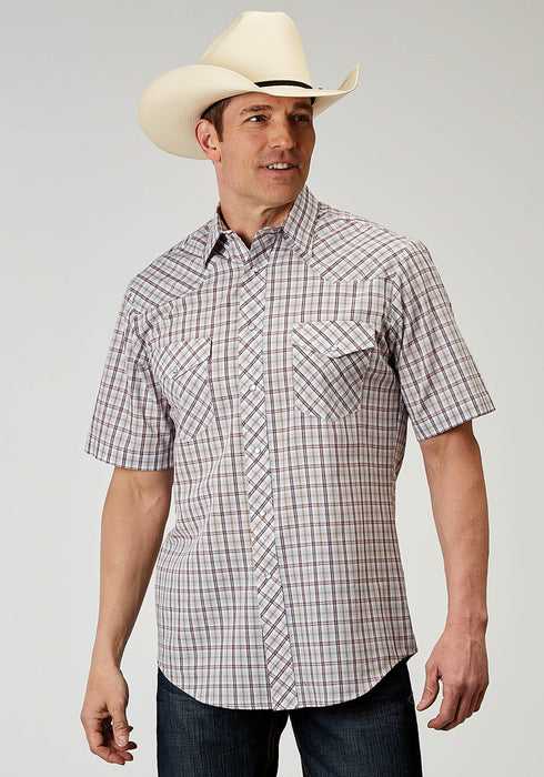 Roper Mens Tall Vintage Plaid White Cotton Blend S/S Shirt