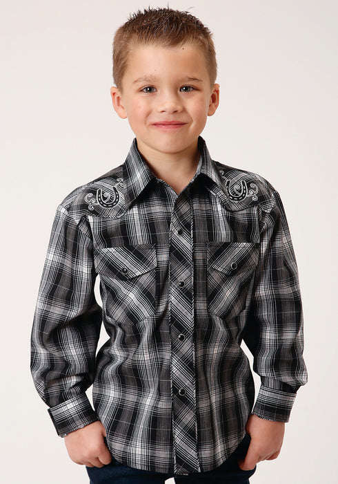 Roper Boys Kids Black/White Cotton Blend Plaid L/S 55/45 Shirt