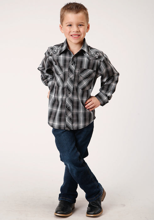 Roper Boys Kids Black/White Cotton Blend Plaid L/S 55/45 Shirt