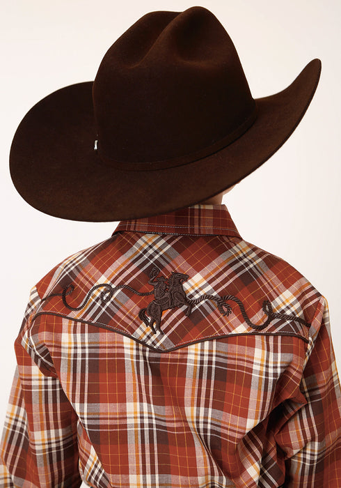 Roper Boys Kids Rust/Brown Cotton Blend Bronc Rider L/S Plaid Shirt