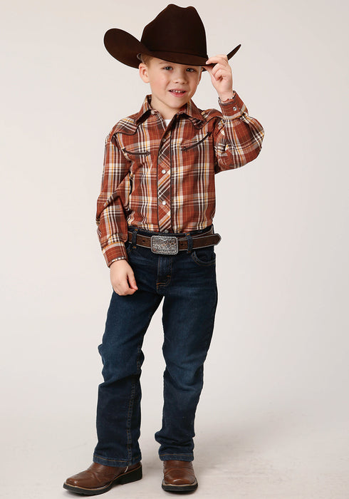 Roper Boys Kids Rust/Brown Cotton Blend Bronc Rider L/S Plaid Shirt