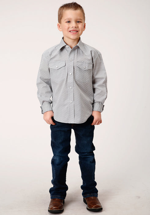 Roper Boys Kids Grey/White Cotton Blend Snap Print L/S Shirt