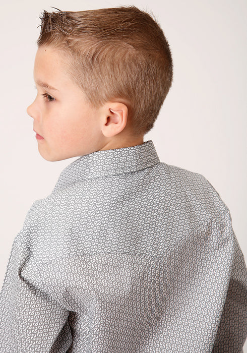 Roper Boys Kids Grey/White Cotton Blend Snap Print L/S Shirt