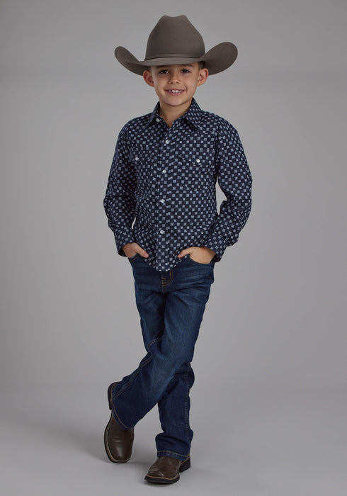 Roper Kids Boys 2284 Squares Navy/White Cotton Blend L/S Shirt