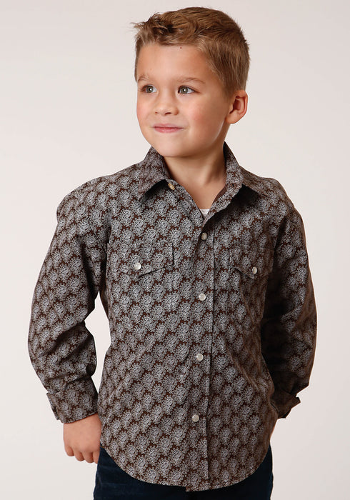 Roper Boys Kids Chocolate/Cream Cotton Blend Tear Drop L/S Shirt