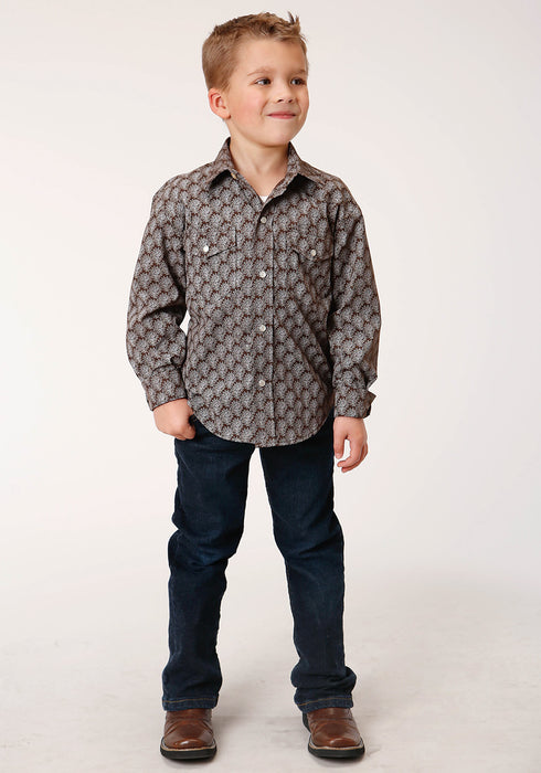 Roper Boys Kids Chocolate/Cream Cotton Blend Tear Drop L/S Shirt